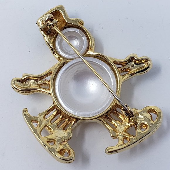 Gold Tone Enamel Snowman Ice Skating Brooch Pin - Picture 4 of 6